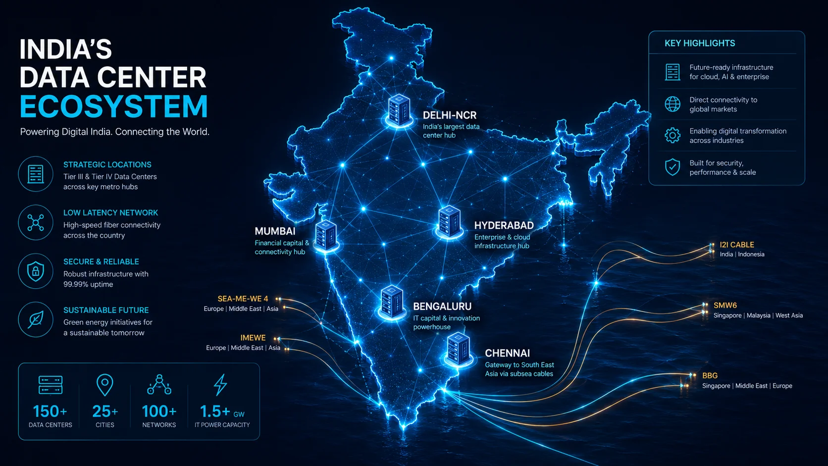 India Data Center Hub cities map showing Mumbai Chennai Bengaluru Hyderabad