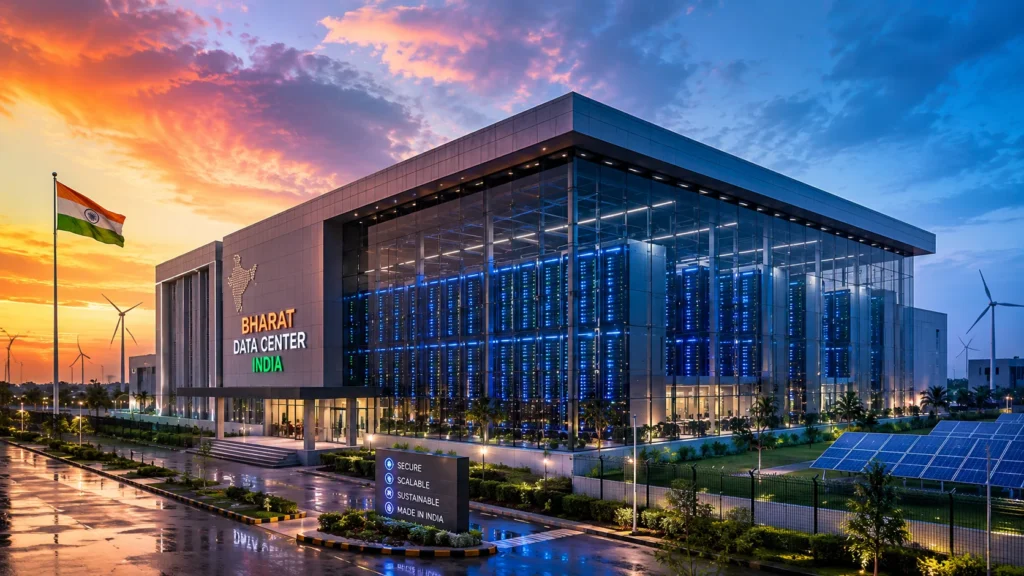 India Data Center Hub modern facility with servers and renewable energy